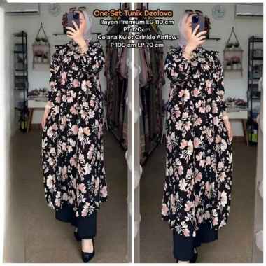 Bunga Matahari Set Tunik One Set Wanita Long Tunik Rayon Twill Baju Setelan Wanita Kekinian Celana A