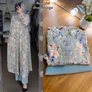 Bunga Matahari Set Tunik One Set Wanita Long Tunik Rayon Twill Baju Setelan Wanita Kekinian Celana A