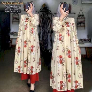 Bunga Matahari Set Tunik One Set Wanita Long Tunik Rayon Twill Baju Setelan Wanita Kekinian Celana A