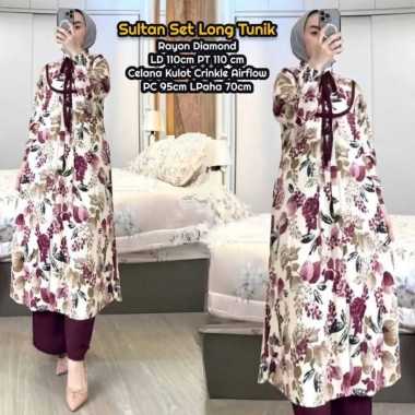 Bunga Matahari Set Tunik One Set Wanita Long Tunik Rayon Twill Baju Setelan Wanita Kekinian Celana A