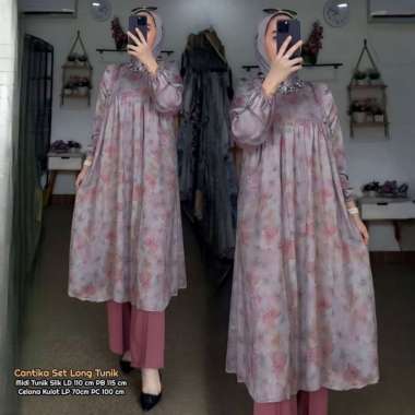 Bunga Matahari Set Tunik One Set Wanita Long Tunik Rayon Twill Baju Setelan Wanita Kekinian Celana A
