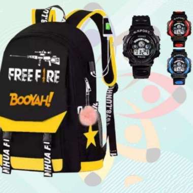 Tas Ransel Free fire - Tas Anak sekolah TK SD Bonus Jam Tangan G-Shock FF Boya kuning+ jam