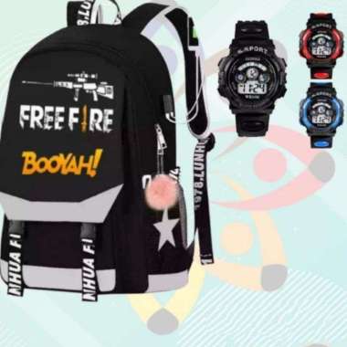 Tas Ransel Free fire - Tas Anak sekolah TK SD Bonus Jam Tangan G-Shock FF Boya Abu + jam
