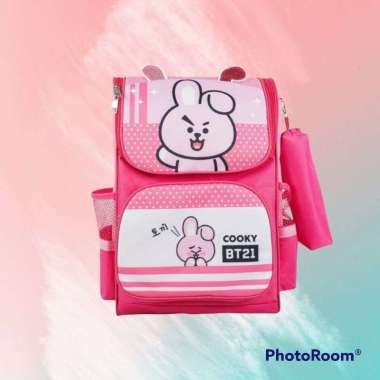 Tas Ransel Anak Perempuan Sekolah SD Karakter BT21 Free Pouch PINK COOKY