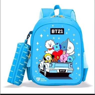 Tas Ransel Anak BT21 // Tas Ransel Anak perempuan Free Pouch BIRU BT21