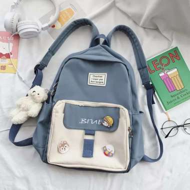 Tas Ransel Anak Perempuan Cewek Sekolah Sd Tk Paud Kanvas Kecil Hitam Polos - Pink Biru Muda