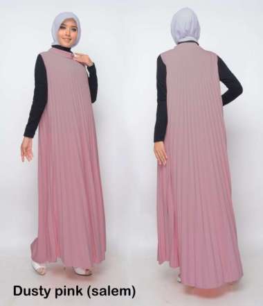 Baju Gamis Wanita Plisket Maxy Lengan Buntung/Tanpa lengan/Gamis kensi - DARK GREY DUSTY PINK