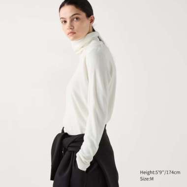 UNIQLO HEATTECH T-Shirt Wanita Kaos Pullover Fleece Kerah Tinggi Turtle Neck Off White L
