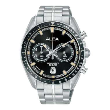 Jam Tangan Pria Alba Signa A4B015X1 Chronograph Men Black Dial Stainless Steel Strap Silver