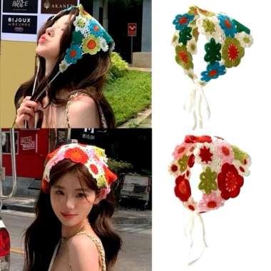 Bandana Bunga Rajut Segitiga Cleya Flower Lace Crochet Cottage Coquette Triangle Knit Headband NCT K