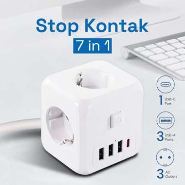 Stop Kontak Kabel Colokan Lubang Listrik 7 in 1 USB Type C Port Cube EU 3 USB Port 1 Type C Port
