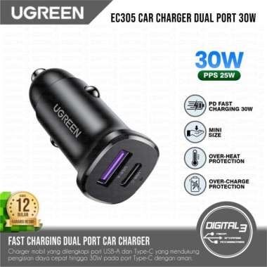 UGREEN EC305 Car Charger Mobil 30W Dual Port USB-A Type-C Fast Charging PD PPS iPhone Samsung Androi