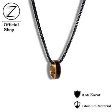 Kalung Titanium Pria Anti Karat Hitam Liontin Cincin Hitam Emas Keren 45cm