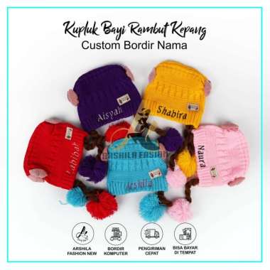 Topi Bayi Kupluk Rambut Kepang Motif Pita Custom Nama Bordir Nama Ungu