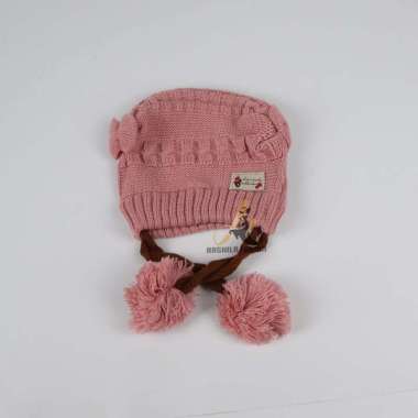 Topi Bayi Kupluk Rambut Kepang Motif Pita Custom Nama Bordir Nama Peach