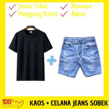 PAKET KAOS LENGAN PENDEK BAJU POLOS CELANA JEANS SOBEK PRIA DISTRO RIPPED ROBEK PINGGANG KARET KAOS 
