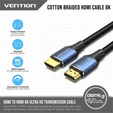 VENTION Cable HDMI to HDMI v.2.1 Cotton Braided Aluminum Alloy Blue 8K @60Hz Ultra HD Kabel Video Au