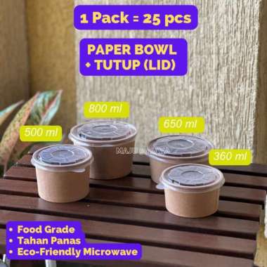 (25 PCS) (KRAFT) Paper Bowl dan Tutup Lid 360ml 500ml 650ml 800ml 800ml - Bowl + Tutup