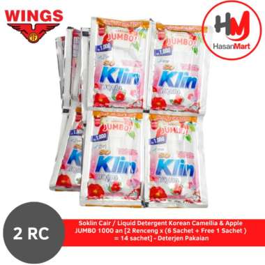 Soklin Cair / Liquid Detergent Korean Camellia & Apple JUMBO 1000 an [2 Renceng x (6 Sachet + Free 1