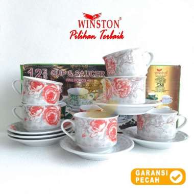 WINSTON 12pcs Emerald Merah 220ml Cup & Saucer Set Cangkir Tatakan Emelard Merah