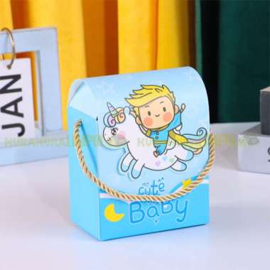 Hampers Goodie Bag Tas Bingkisan Snack Makanan Paper Bag Ulang Tahun Motif Kartun Unicorn Biru