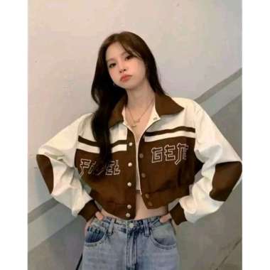 jaket Y2K baseball crop wanita coklat