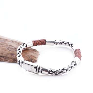 Gelang Pria Perak Bali Asli 925 Silver Leather Coklat Jalin Padi Brown 19 CM