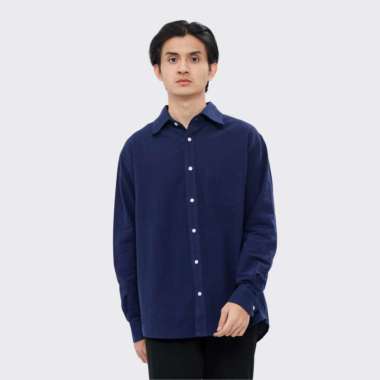 Nawla - Baju Atasan Pria Kemeja Linen Lengan Panjang Warna Navy | Linen Shirt Longsleeve L