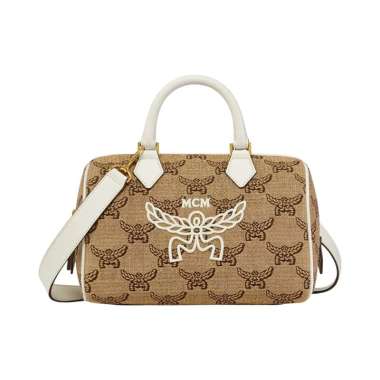 [12.12 Dealcember] MCM Small Ella Boston Bag in Lauretos Raffia Jacquard Beige Nude