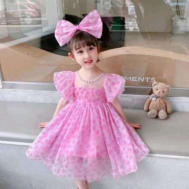 Dress pesta Magenta Bando Anak perempuan 2-11 tahun gaun pita party ulang tahun dress pesta anak gau