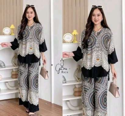 ONE SET RAYON LUXURY MONOKROM ONE SET OOTD KEKINIAN VIRAL SET BAJU DAN CELANA WANITA RAYON TERBARU 2