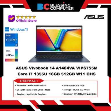 ASUS Vivobook 14 A1404VA VIPS755M Core i7 1355U 16GB 512GB W11 OHS Microsoft 365 Basic