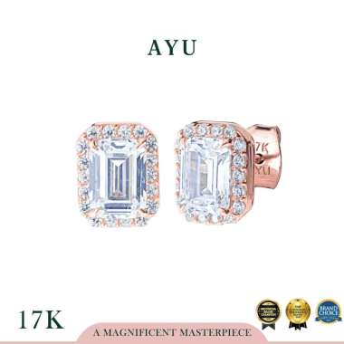 AYU Anting Emas - Emerald Cut Halo Solitaire Stud 17k Rose Gold