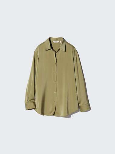 UNIQLO Blus Satin Blouse wanita lengan panjang OLIVE L