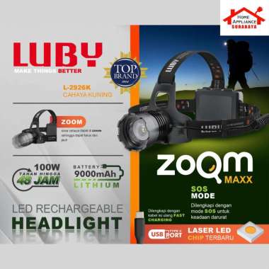 LUBY Headlamp - Senter Kepala LED ZOOM MAXX 100W 9000mAh L-2926L Cahaya Putih / 2926K Kuning Tahan H