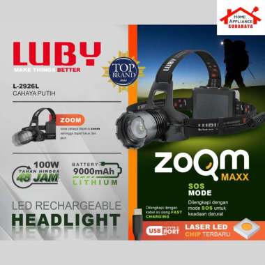 LUBY Headlamp - Senter Kepala LED ZOOM MAXX 100W 9000mAh L-2926L Cahaya Putih / 2926K Kuning Tahan H