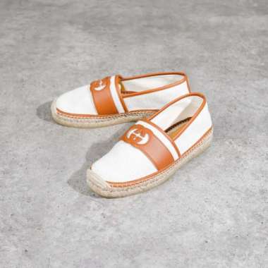 Sepatu GUCCI GG INTERLOCKING CAMEL IVORY CANVAS ESPADRILLES 100% ORIGINAL 42