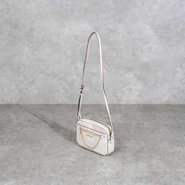 Tas MICHAEL KORS MK MONOGRAM WHITE PINK CHAIN CAMERA BAG WITH LS 100% ORIGINAL 23X5X15CM