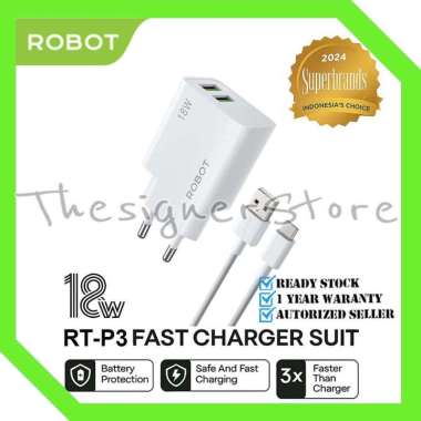 Charger Robot RT-P3 Adapter Charger + Kabel Type C Dual Port Quick Charge 3.0 18W - Grs Resmi 1 Thn
