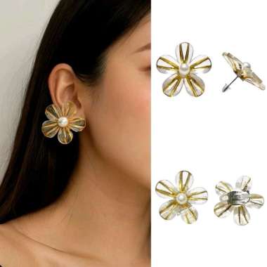 Althea Flower Transparant Pearl Clip Stud Earrings Anting Tusuk Jepit Bunga Mutiara Bening Hijab Fri