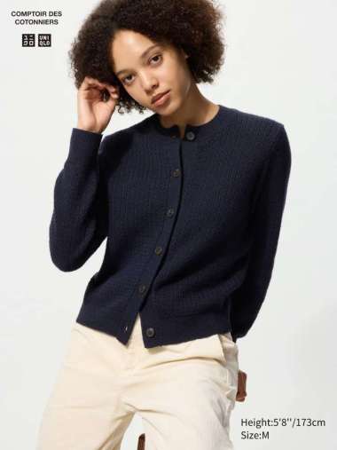 UNIQLO CDC COMPTOIR DES COTONNIERS Cardigan Wanita Wol Campuran Wool Blend Crew Neck Cardigan NAVY S