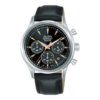 Jam Tangan Pria Alba Prestige AT3K75X1 Men Chronograph Black Dial Black Leather Strap