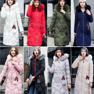 POMPOM PADDING WINTER LONG DOWN COAT WOMAN JAKET WANITA MANTEL MUSIM DINGIN XXL Grey
