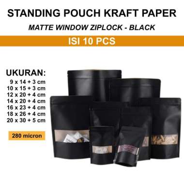 aiGooTan - (ISI 10) STANDING POUCH WINDOW BLACK - Plastik Ziplock Kraft Paper Hitam Doff Matte Kanto