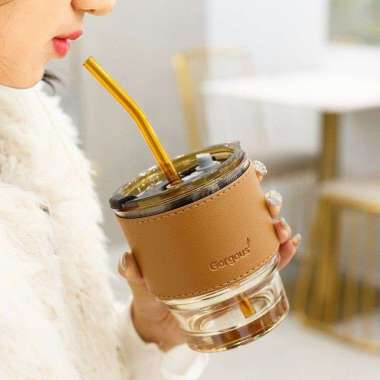 Botol minum kaca + sedotan botol gelas tumbler gelas kaca ukuran 400ml
