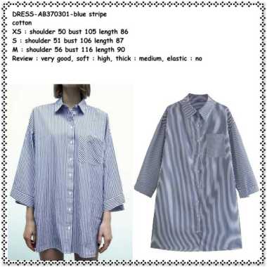 AB370301 Mini Dress Kemeja Lengan Panjang Garis Biru Putih Wanita Korea Import Tunik