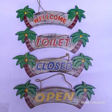 Hiasan dinding papan Tulisan petunjuk ukiran kayu lukis motif kelapa CLOSED