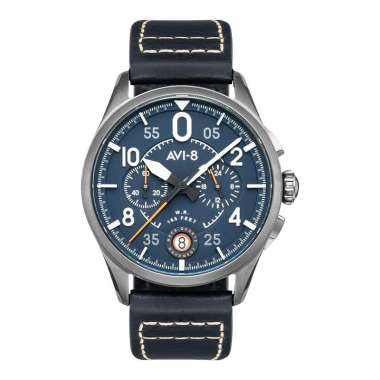 Jam Tangan Pria AVI-8 Spitfire AV-4089-04 Lock Chronograph Channel Blue Dial Dark Blue Leather Strap