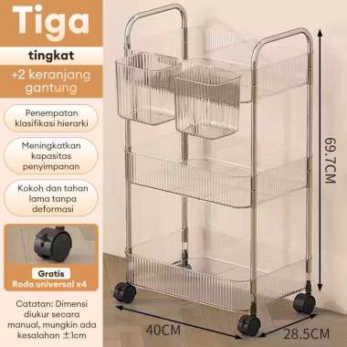Rak Troli Susun Stainless steel Rak Roda Rak Susun 3Tingkat+keranjang