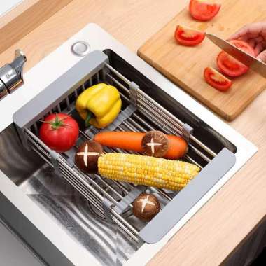 HERKE Rak Cuci Piring Buah Sayur Wastafel Retractable Stainless Steel HR-29 Rak Anak Plastik Gantung